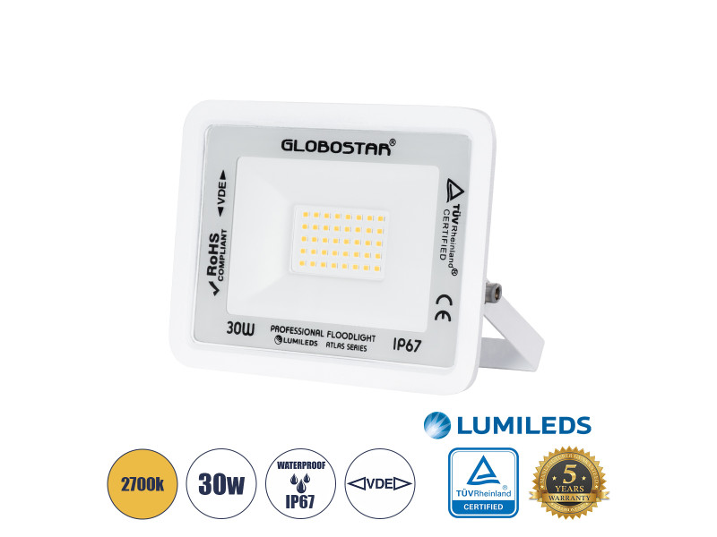 GLOBOSTAR® ATLAS 61415 Προβολέας LED 30W 3450lm 120° AC 220-240V Αδιάβροχο IP67 Θερμό Λευκό 2700K - Lumileds SMD Chip - TÜV Rhei