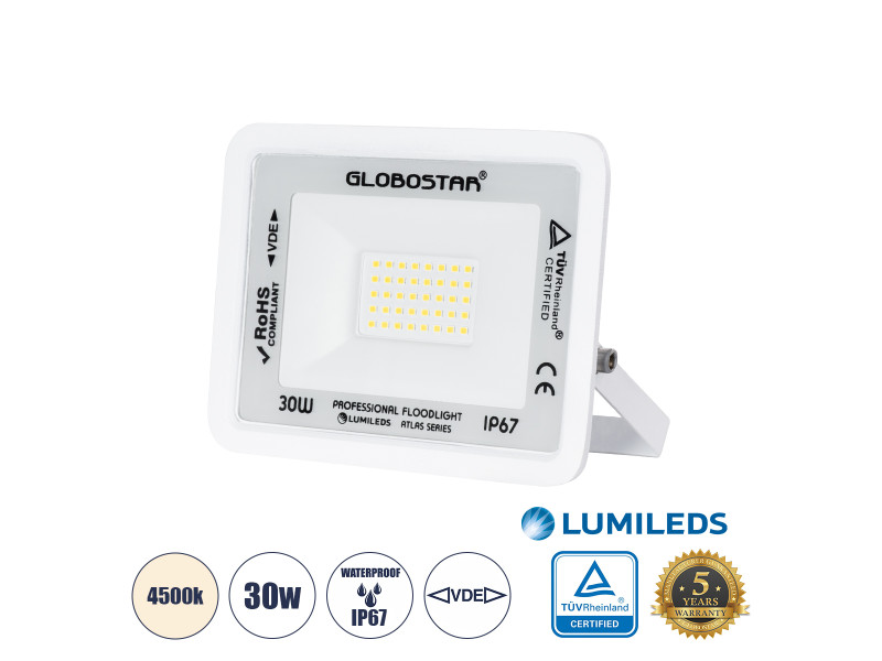 GLOBOSTAR® ATLAS 61414 Προβολέας LED 30W 3600lm 120° AC 220-240V Αδιάβροχο IP67 Φυσικό Λευκό 4500K - Lumileds SMD Chip - TÜV Rhe