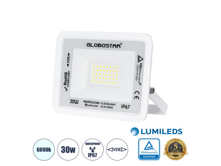 GLOBOSTAR® ATLAS 61413 Προβολέας LED 30W 3750lm 120° AC 220-240V Αδιάβροχο IP67 Ψυχρό Λευκό 6000K - Lumileds SMD Chip - TÜV Rhei