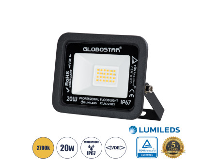 GLOBOSTAR® ATLAS 61412 Προβολέας LED 20W 2300lm 120° AC 220-240V Αδιάβροχο IP67 Θερμό Λευκό Ματ 2700K - Lumileds SMD Chip - TÜV 