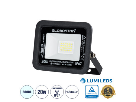 GLOBOSTAR® ATLAS 61410 Προβολέας LED 20W 2500lm 120° AC 220-240V Αδιάβροχο IP67 Ψυχρό Λευκό 6000K - Lumileds SMD Chip - TÜV Rhei