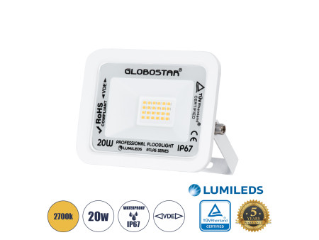 GLOBOSTAR® ATLAS 61409 Προβολέας LED 20W 2300lm 120° AC 220-240V Αδιάβροχο IP67 Θερμό Λευκό 2700K - Lumileds SMD Chip - TÜV Rhei