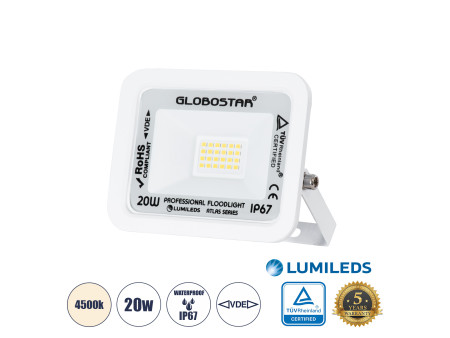 GLOBOSTAR® ATLAS 61408 Προβολέας LED 20W 2400lm 120° AC 220-240V Αδιάβροχο IP67 Φυσικό Λευκό 4500K - Lumileds SMD Chip - TÜV Rhe