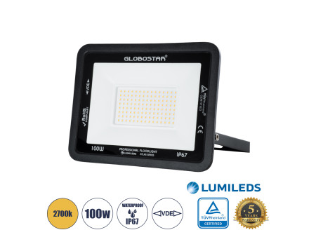 GLOBOSTAR® ATLAS 61427 Προβολέας LED 100W 11500lm 120° AC 220-240V Αδιάβροχο IP67 Θερμό Λευκό 2700K - Lumileds SMD Chip - TÜV Rh