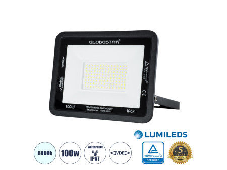 GLOBOSTAR® ATLAS 61425 Προβολέας LED 100W 12500lm 120° AC 220-240V Αδιάβροχο IP67 Ψυχρό Λευκό 6000K - Lumileds SMD Chip - TÜV Rh