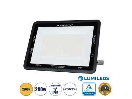 GLOBOSTAR® ATLAS 61433 Προβολέας LED 200W 23000lm 120° AC 220-240V Αδιάβροχο IP67 Θερμό Λευκό 2700K - Lumileds SMD Chip - TÜV Rh