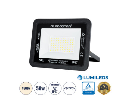 GLOBOSTAR® ATLAS 61423 Προβολέας LED 50W 6000lm 120° AC 220-240V Αδιάβροχο IP67 Φυσικό Λευκό 4500K - Lumileds SMD Chip - TÜV Rhe