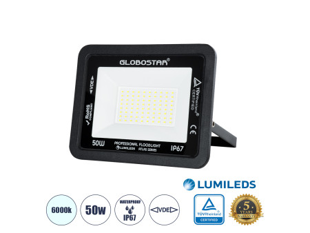 GLOBOSTAR® ATLAS 61422 Προβολέας LED 50W 6250lm 120° AC 220-240V Αδιάβροχο IP67 Ψυχρό Λευκό 6000K - Lumileds SMD Chip - TÜV Rhei