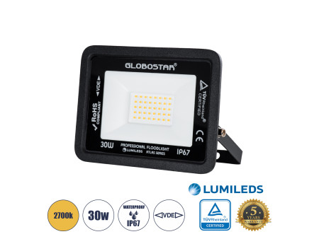 GLOBOSTAR® ATLAS 61418 Προβολέας LED 30W 3450lm 120° AC 220-240V Αδιάβροχο IP67 Θερμό Λευκό 2700K - Lumileds SMD Chip - TÜV Rhei