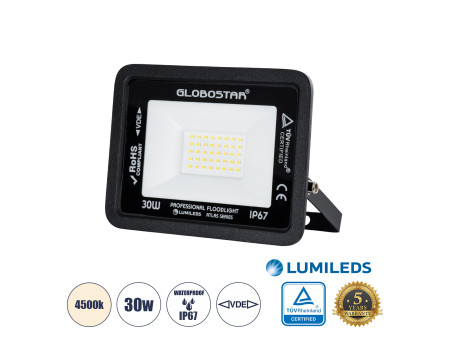 GLOBOSTAR® ATLAS 61417 Προβολέας LED 30W 3600lm 120° AC 220-240V Αδιάβροχο IP67 Φυσικό Λευκό 4500K - Lumileds SMD Chip - TÜV Rhe