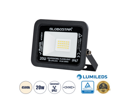 GLOBOSTAR® ATLAS 61411 Προβολέας LED 20W 2400lm 120° AC 220-240V Αδιάβροχο IP67 Φυσικό Λευκό 4500K - Lumileds SMD Chip - TÜV Rhe