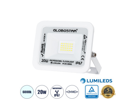 GLOBOSTAR® ATLAS 61407 Προβολέας LED 20W 2500lm 120° AC 220-240V Αδιάβροχο IP67 Ψυχρό Λευκό 6000K - Lumileds SMD Chip - TÜV Rhei