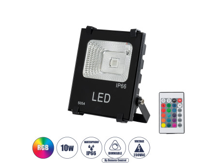 GLOBOSTAR® RGBFLOOD 75600 Προβολέας με IR Ασύρματο Χειριστήριο LED 10W 650lm 120° AC 220-240V Αδιάβροχο IP66 Πολύχρωμο RGB Dimma