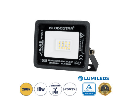 GLOBOSTAR® ATLAS 61517 Προβολέας LED 10W 1150lm 120° AC 220-240V Αδιάβροχο IP67 Θερμό Λευκό 2700K - Lumileds SMD Chip - TÜV Rhei