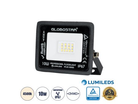 GLOBOSTAR® ATLAS 61516 Προβολέας LED 10W 1200lm 120° AC 220-240V Αδιάβροχο IP67 Φυσικό Λευκό 4500K - Lumileds SMD Chip - TÜV Rhe