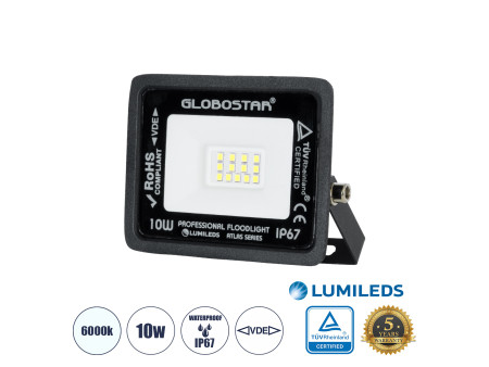 GLOBOSTAR® ATLAS 61515 Προβολέας LED 10W 1250lm 120° AC 220-240V Αδιάβροχο IP67 Ψυχρό Λευκό 6000K - Lumileds SMD Chip - TÜV Rhei