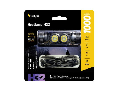 Technik Φακός Κεφαλής H32 με Μπαταρία 1x18650 OSRAM P9 & USB-C 1000lm | ATC | 01.011.0024