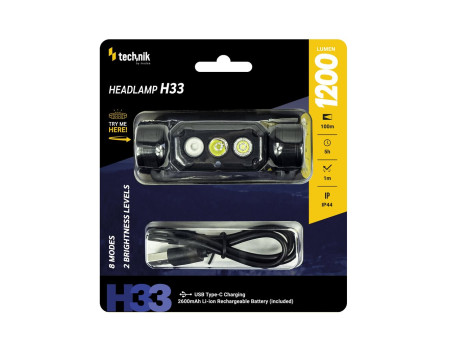Technik Φακός Κεφαλής H33 SST20 LED Επαναφορτιζόμενος USB-C με Ενσωματομένη Μπαταρία 1200lm | ATC | 01.011.0052