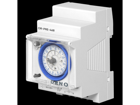 Μηχανικός χρονοδιακόπτης ράγας ημερήσιος (3Module) με εφεδρεία. Μin χρονος ρύθμισης 15 λεπτά, 110-230VAC, εφεδρεία 200 Ωρες.