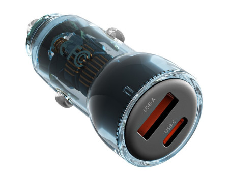 XO CC60 Smart Διαφανής Φορτιστής Αυτοκινήτου A30W+C30W/Ταυτόχρονη 60W Μπλε | ATC | 16.006.0273